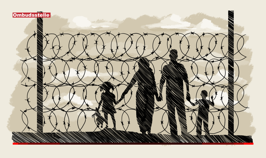 Die Illustration zeigt eine Flüchtlingsfamilie (Vater und Mutter mit je einem Kind an der Hand). Die Familie steht vor einem undurchdringbaren Stacheldrahtzaun.