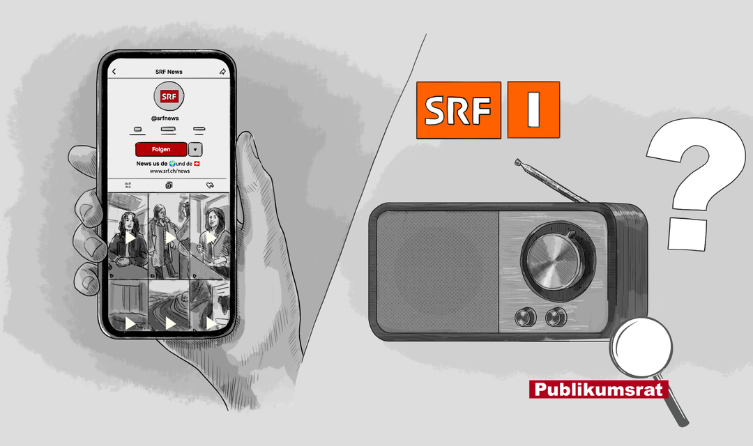 Die Illustration zeigt links ein Smartphone, auf dem die Instagram-Seite von SRF News abgebildet ist. Auf der rechten Seite der Illustration ist ein modernes DAB-Radio platziert. Darüber befindet sich ein Fragezeichen.