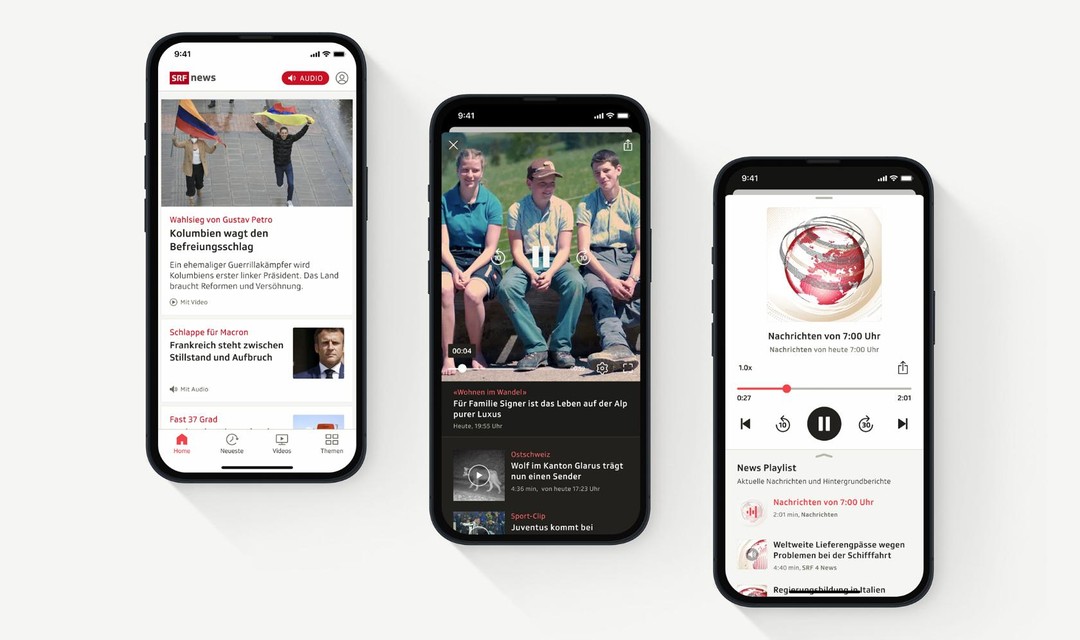 Verschiedene Screens der neuen SRF News App