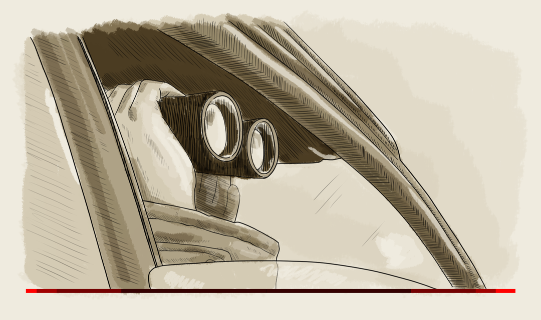 Illustration einer Beobachtung mit einem Feldstecher aus einem Autofenster, symbolisiert "spionieren"