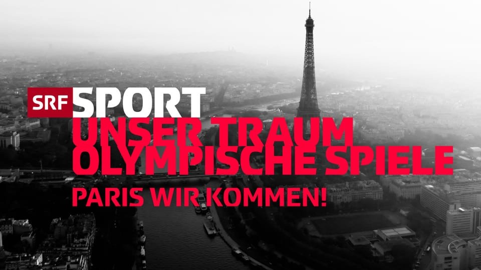 Keyvisual "Unser Traum Olympische Spiele", Schriftzug, dahinter Luftaufnahme von Paris in Schwarz Weiss