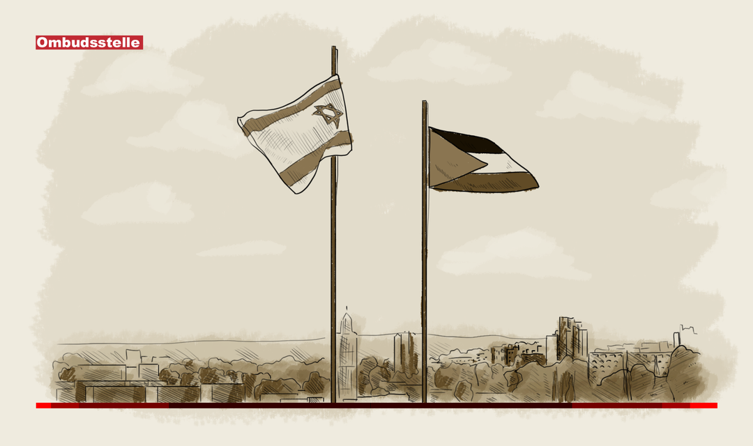 Die Illustration zeigt zwei Fahnenstangen. Linds ist die israelische Landesflagge abgebildet, rechts die palästinensische Flagge.