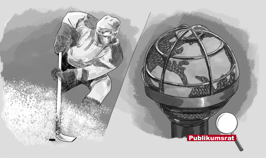 Die Illustration zeigt auf der linken Seite einen Eishockeyspieler in Aktion. Auf der rechten Seite ist ein Mikrofon abgebildet. Der Kopf des Mikrofons stellt einen Globus dar.